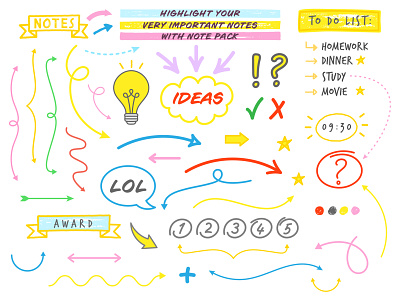 Note Taking Vector Set arrow banner bulb design doodle hand drawn highlighter homework ideas illustration line note note taking ribbon sketch speech bubble study vector writing yellow