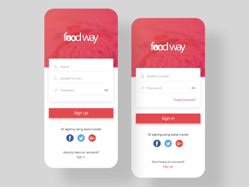 Foodway Login & Signup android apple interface minimal mobile application app foodapp designinspiration app design graphicdesign uiinspiration signup login dailyui mockups graphicsdesigner graphics ux ui