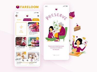 Fareloom - Cooking and creating recipes Mobile App bakery baking app cookbook app cooking app cooking illustrations digital illustrations fareloom food app interface design mobile design mobile illustrations preparation food product design