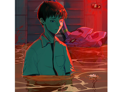 Shinji Ikari art danger error evangelion fanart illustration light mecha nge red shinji water