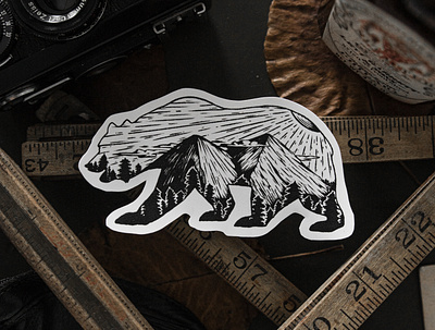 Mountain Bear Sticker - Austin Moncada bear bear illustration black bear camping camping drawing cozy cozy cabin cute illustrations forest great outdoors hand drawn illustration ink drawing pen drawing sticker design wilderness wildlife