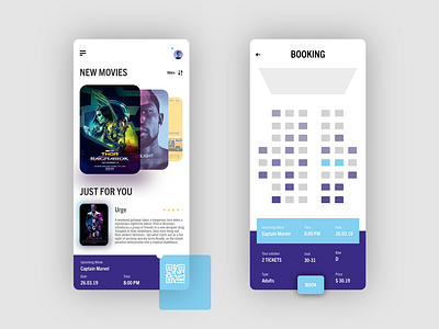 Movies App app application blue branding chart clean colorful design interface mobile movies qrcode seats ticket ui uidesign ux vector