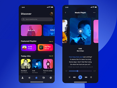 Muszy - Music app android app blue branding clean dark dark ui gradient illustraion image ios light mobile music spotify typogaphy ui uidesign ux website