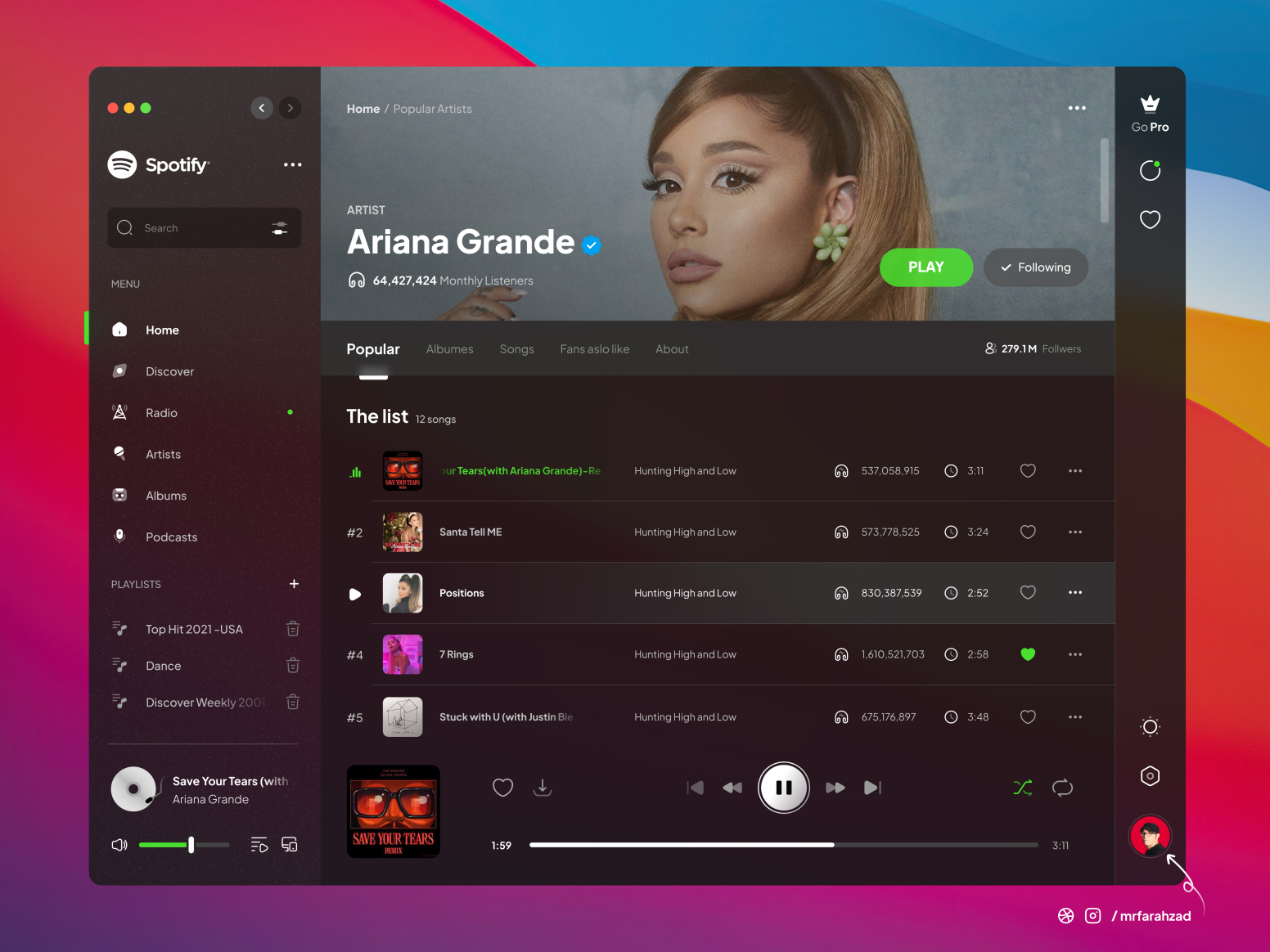 Spotify Redesign - Dark Version 🎸🤘 by Mohammad Reza Farahzad 🏆 for