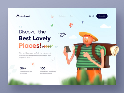 AceTravel - Header Tourism Website🌍🧳 3d 3d design design flight header home page illustration landing light tour tourism travel trend trip planner ui uidesign uiux userinterface web web desgin