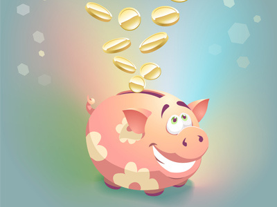 Vector cartoon happy pink Piggy bank illustration with coins. cartoon happy illustration with coins. piggy bank pink vector