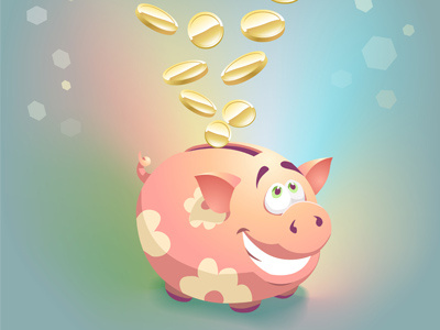 Vector cartoon happy pink Piggy bank illustration with coins.