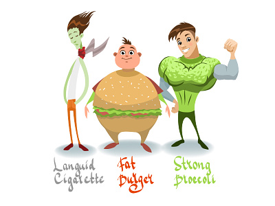 Languid Mr. Cigarette, mr. Broccoli and fat mr. Berger. broccoli care cartoon character