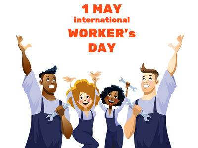 International Worker's Day. Funny Happy Cartoon Characters. 1 day expression fun greeting guy holiday may spring vector white