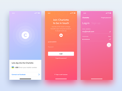 Charlotte iOS UI Kit for Sketch & PS app colourful design ios 11 iphone 10 iphone x mobile photoshop sketch ui ui kit