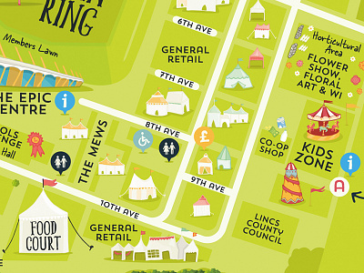 Lincolnshire Show Interactive Map carousel fairground field food court icon illustrated map mews retail showground tent toilet