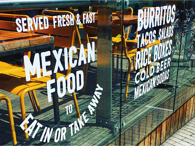 Mission Burrito Window Graphics cling eat in graphics mexican food shop front signage storefront typography window