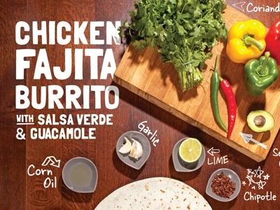 Chicken Fajita Burrito Poster arrows burrito chopping board fajita folk guacamole handwritten illustration ingredients mexican poster salsa typography wood wrap