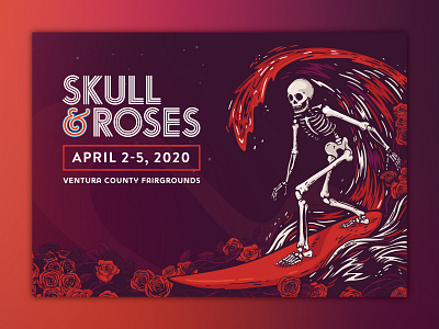 Skull & Roses Festival Poster band bands festival gig grateful dead music poster roses sea skeleton skull surf surfing ventura wave waves