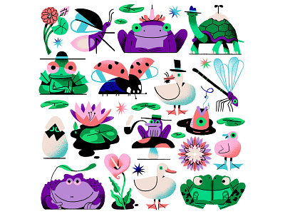 Small frogs in a cosmic pond character dragonfly duck fish frog gerhard van wyk icon illustration lily lotus photoshop pond swamp