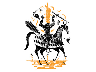 Step Art Burning Knight armor flames horse illustration knight screen print silver sword texture