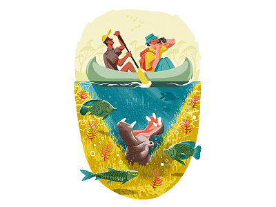 Zambezi Hippo canoe character design editorial illustration fish hippo illustration zambezi