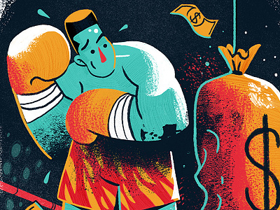 Financial Fitness boxing character dollar drawing face gloves hair illustration money painting retro sport