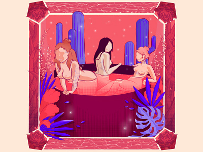 You can sit with us bath cactus desert digitalart girl hottub illustration ketos ladies monotone pink purple