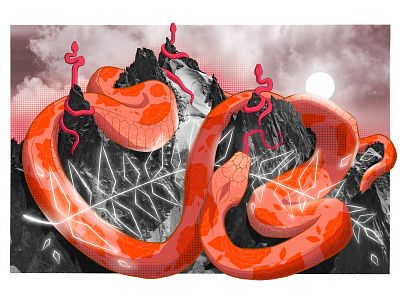 My Snake Brings All The Boys To The Yard clouds digitalart illustration ketos moon mountains neon orange snake