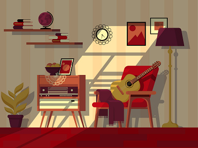 room from the past audio player book chair design enviroment guitar illustration light plant shaddow