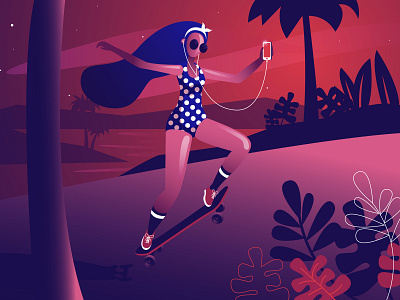 girl on skateboard art design fun girl girl illustration illustration music palm plant see skate skatebord tree