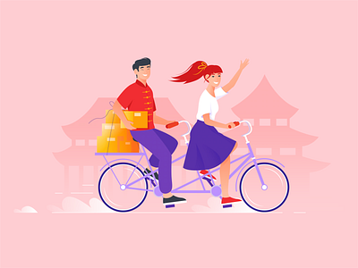 hello from China adobe adobe illustrator art bicycle bike box boxes building china design enviroment girl illustration tandem tandem bike travel vector