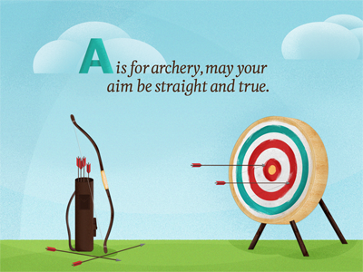 A is for Archery archery arrow blue bow bright dangerdom dominic flask illustration red texture type typography vintage wood