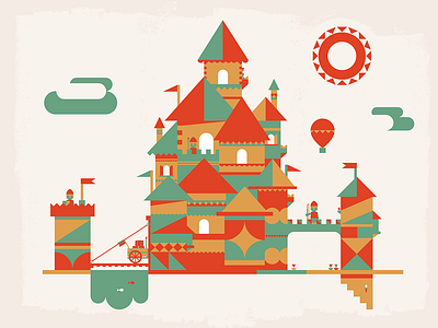 Even More Castle Shapes balloon banner castle clouds dangerdom dominic flask flat geometry green illustration knight medieval mid century princess red sun tan wagon