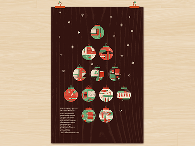 The Twelve Days of a Designer's Christmas christmas cute dangerdom dominic flask flat fun green holiday illustration mid century ornament poster print red snowflake texture vector wood