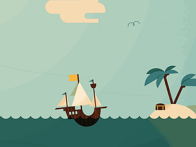 I'm On A Boat! birds boat cloud dangerdom dominic flask flat illustration island mid century ocean palm sail sailing ship sky texture tree vector water wood