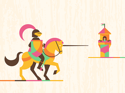 Colorful Hero armor bright cute damsel dangerdom dominic flask flat fun geometry horse illustration joust knight medieval mid century princess shapes shield texture tower vector wood
