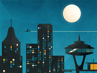 Night Sky Poster airplane buildings city dangerdom dominic flask flat illustration mid century moon night space needle texture vector