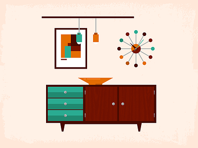 Mid-Century Living – Sideboard clock color cute dangerdom dominic flask flat fun geometry illustration lamp mid century modern nelson painting sideboard table texture