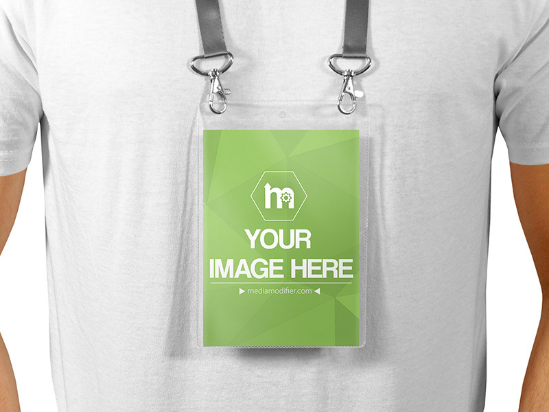 Download Man Wearing Large Lanyard ID Badge Mockup by Mediamodifier on Dribbble