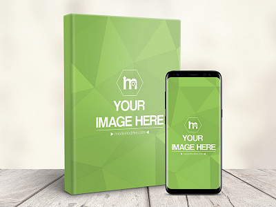 Android S8 Phone and Hardcover Book Mockup book wood background galaxy s8 mockup hardcover book mediamodifier mockup mockup generator psd mockup s8 phone wood stage book