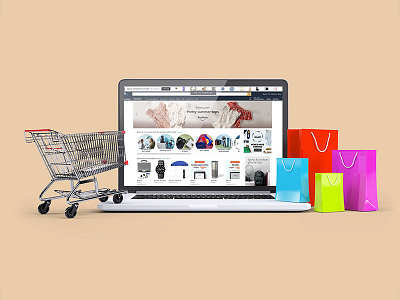 Ecommerce Laptop with a Shopping Cart and Bags Mockup ecommerce mediamodifier mockup mockup generator online mockup photoshop psd template shopping woocommerce