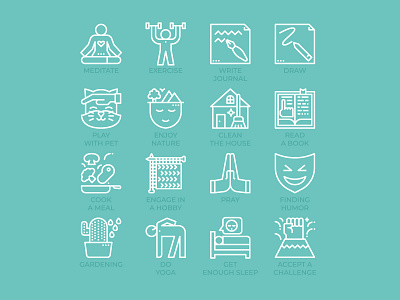 Coping Skills Icons challenge cleaning coping skills draw exercise humor icon knitting line meditate outline pray reading sleeping write journal yoga