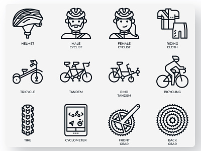 Cycling icons bicycle bicycling bike biker concept cycling cyclist cyclometer gear helmet icons line icon outline icon sport tandem tire transportation