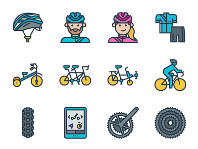 Cycling filled color icons app avatar bicycle bike biker cycling cyclist female helmet icon male outdoor sport tandem tire tricycle