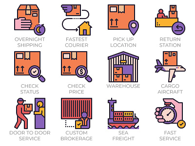 Express Delivery Service Icons Outline Color air freight courier custom delivery door to door express icon set icons logistics package post postage sea service shipping traking warehouse