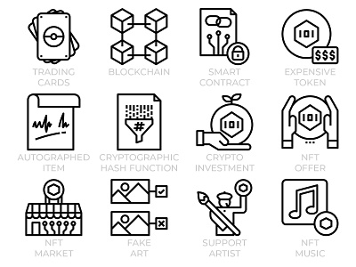 NFT - Non-fungible token icon set blockchain business conceptual crypto cryptocurrency digital graphic design icon set icons line nft nft art outline technology ui web