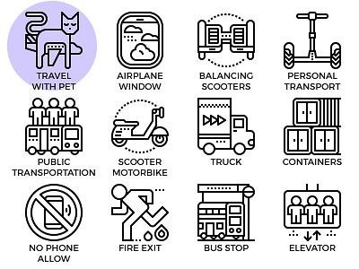 Transportation & Travel icon airplane bus cat container elevator fire exit icon public scooter transportation travel truck