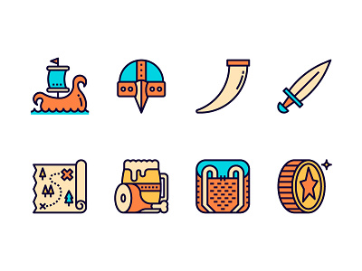 Fancy line colored icons beer flag game helmet icon line map medieval scroll ship sword vikings