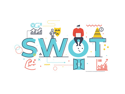 SWOT illustration concept icons illustration lettering opportunities strengths swot threats weaknesses word