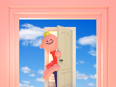 doorboy 3d [ink boy c4d cgi clouds happy pink pink skin sky stairs steps window