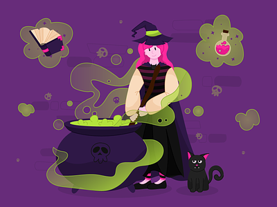 Witch 🧙‍♀️ 2d boiling magic potions cartoon style colored brew and steam flat halloween halloween witch human illustration magic potion magic spell poison spooky vector web illustration witch