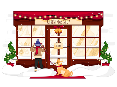 Christmas shop🎄 2d cartoon style characters christmas christmas store dog dog walking flat human illustration kid kid with dog snow vector web illustration winter winter shop winter snow