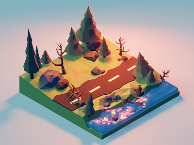 Somewhere in the woods. 3d graphic morning road wood