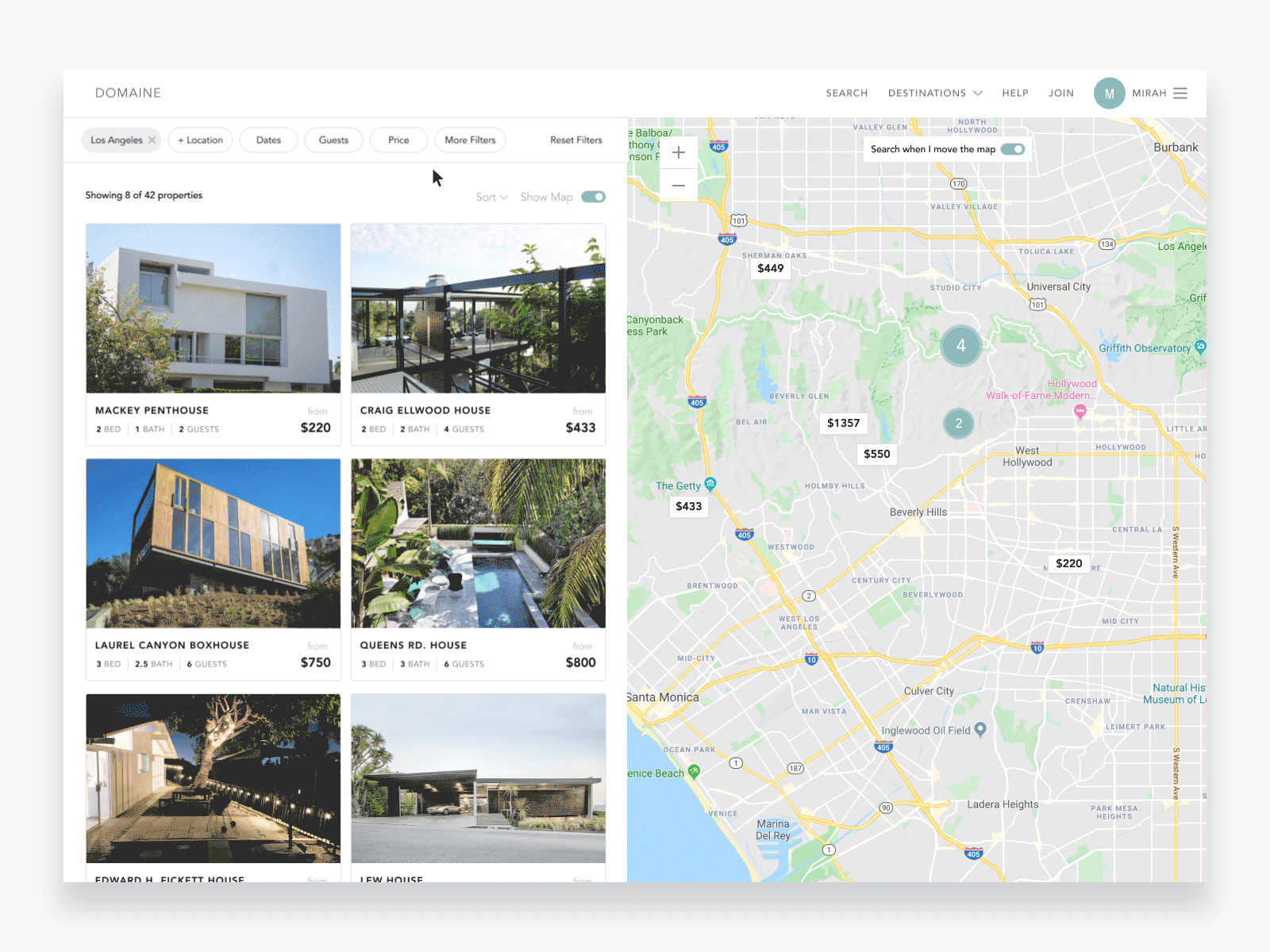 Search Results Page animation booking clean interaction design layout map map ui minimal search results search results page user experience user interface vacation rental web animation white